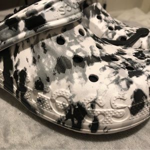 Discontinued black and white bleach fleece lined crocs